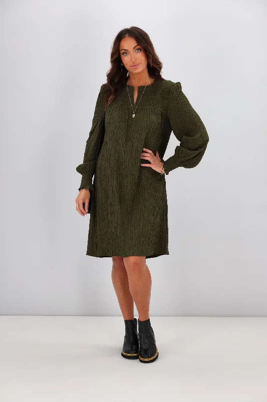 Shine On Label Haven Textured Shirred Yoke Dress Olive