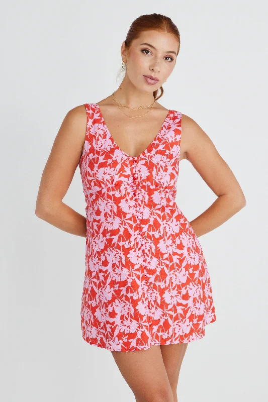 Allora Pink Floral Shadows Linen Sleeveless Button Front Mini Dress