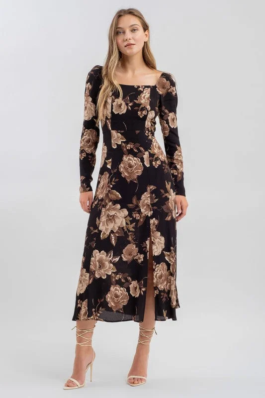 Black Floral Square neck Midi Dress