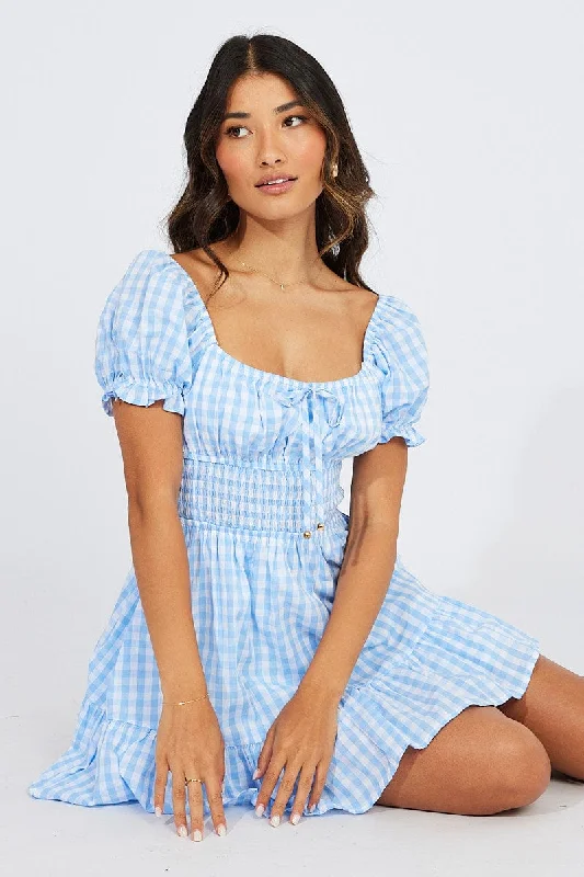 Blue Check Fit And Flare Dress Puff Sleeve Mini