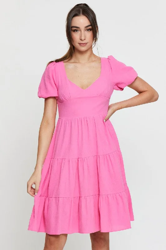 Pink Midi Dress Short Sleeve V Neck