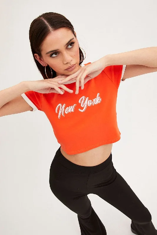 Orange Baby Tee Short Sleeve Crew Neck Crop New York